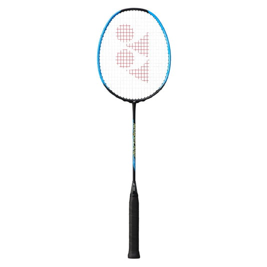 Badminton racket with a white and blue frame on a white background