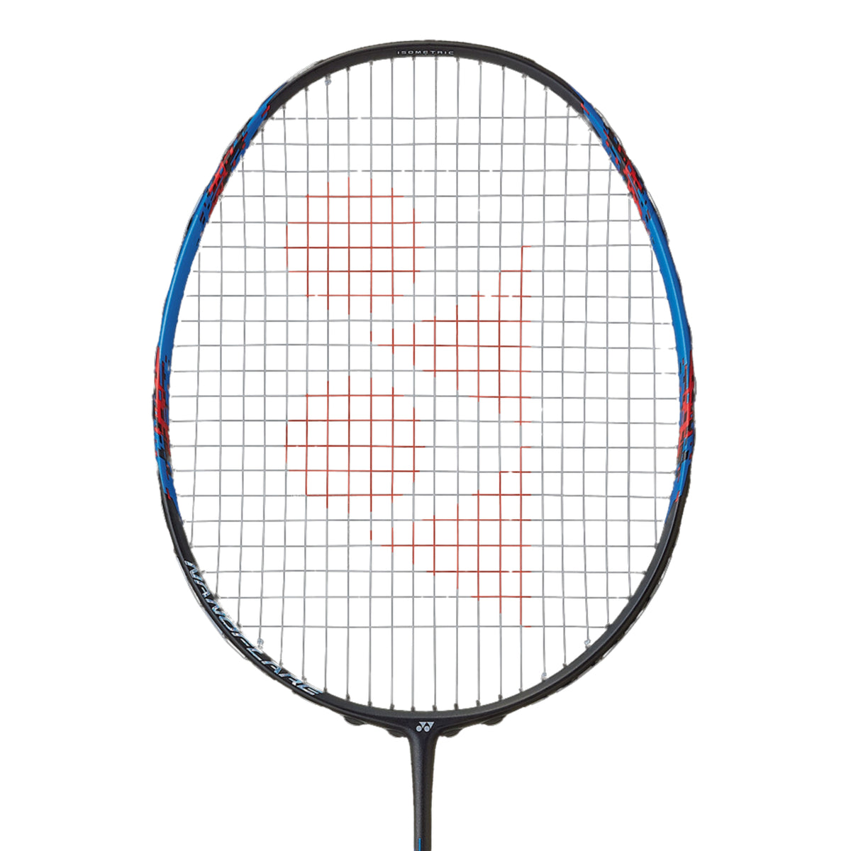 Badminton racket with a black frame and red strings on a white background