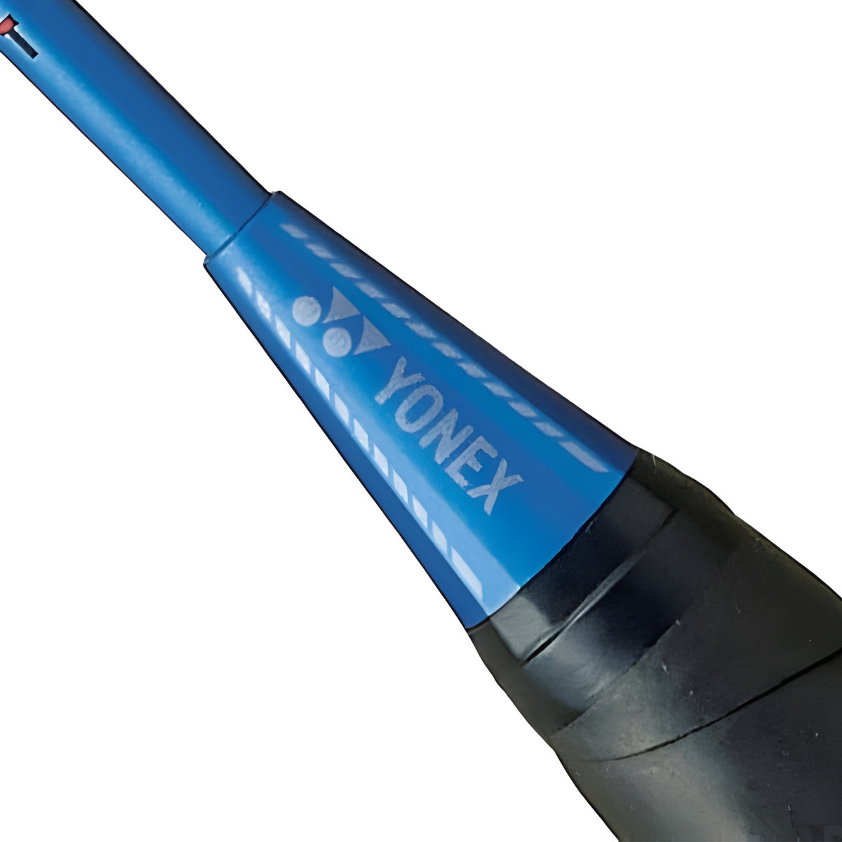 Close-up of a blue and black Yonex badminton racket handle on a white background