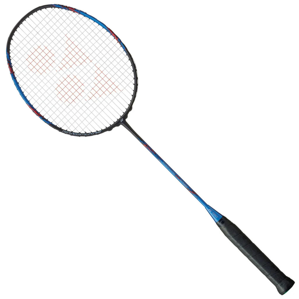 Badminton racket with blue frame and black handle on a white background