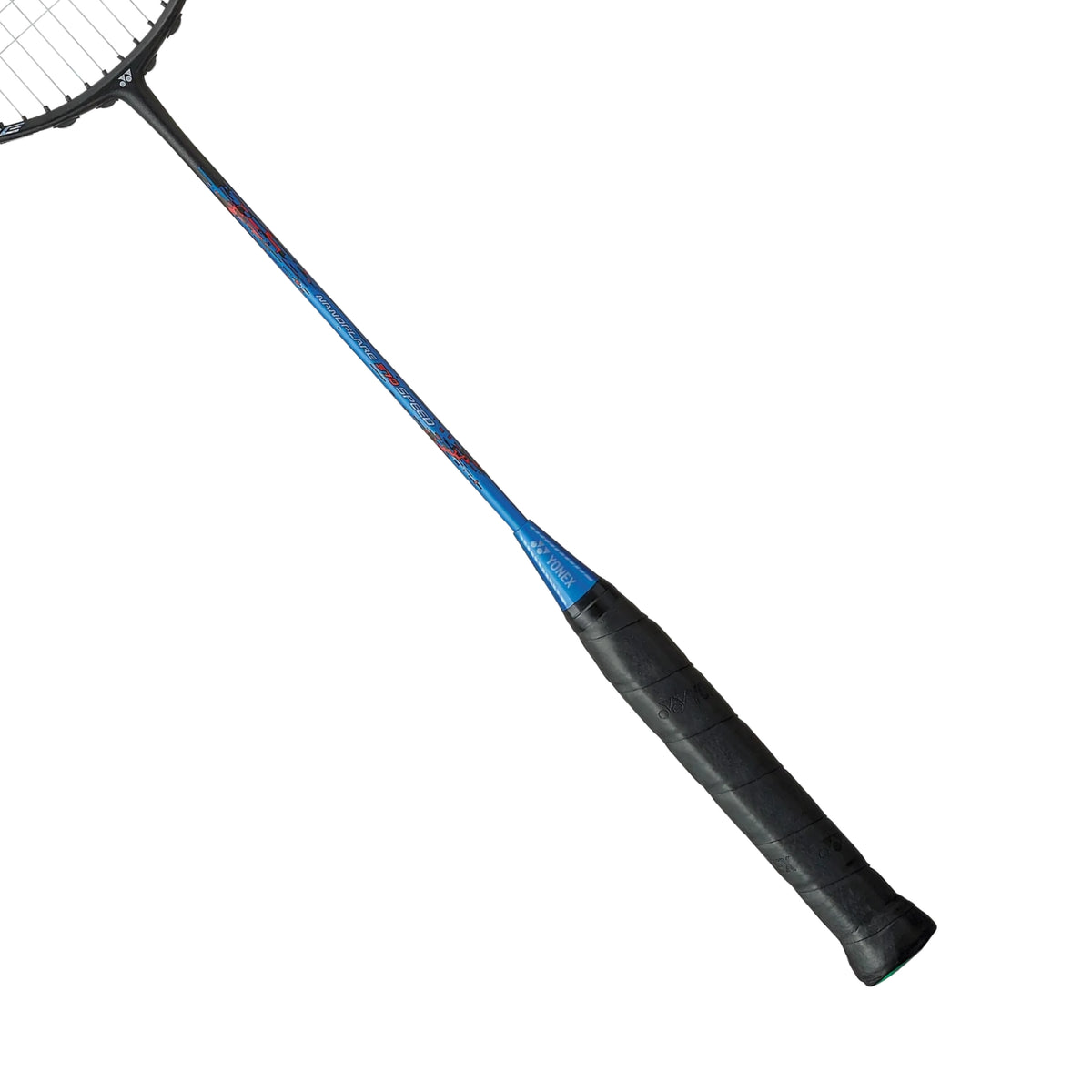 Badminton racket with blue strings on a white background