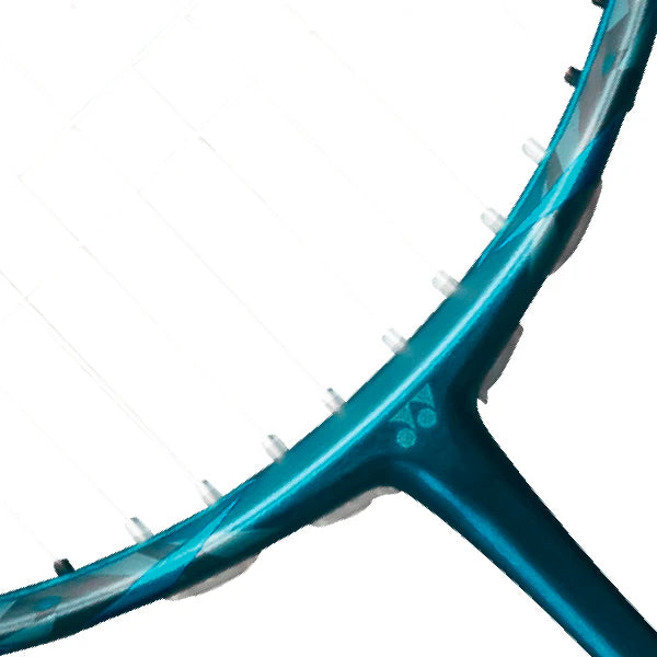 Close-up of a blue badminton racket with a white background