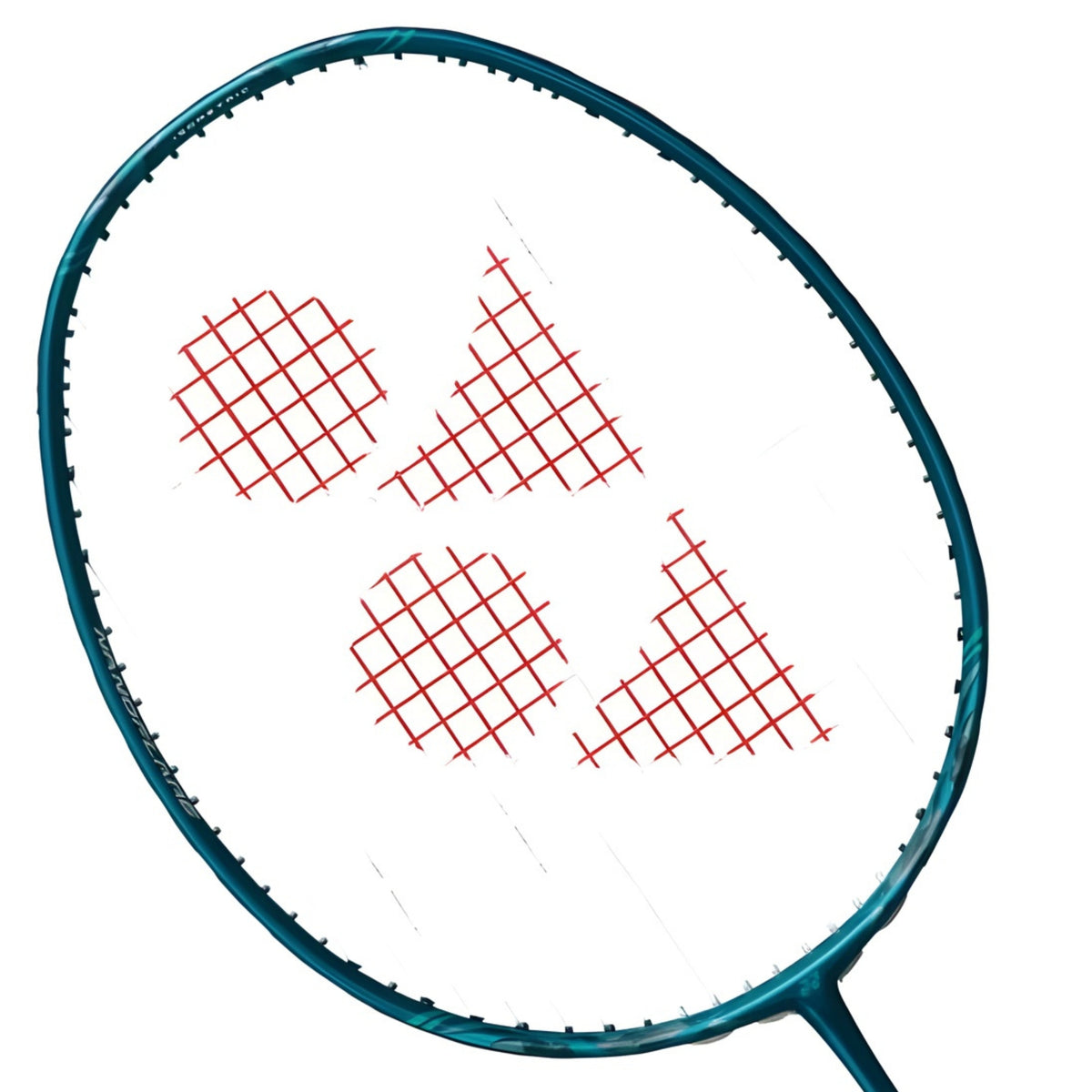 Close-up of a badminton racket with a white strings background