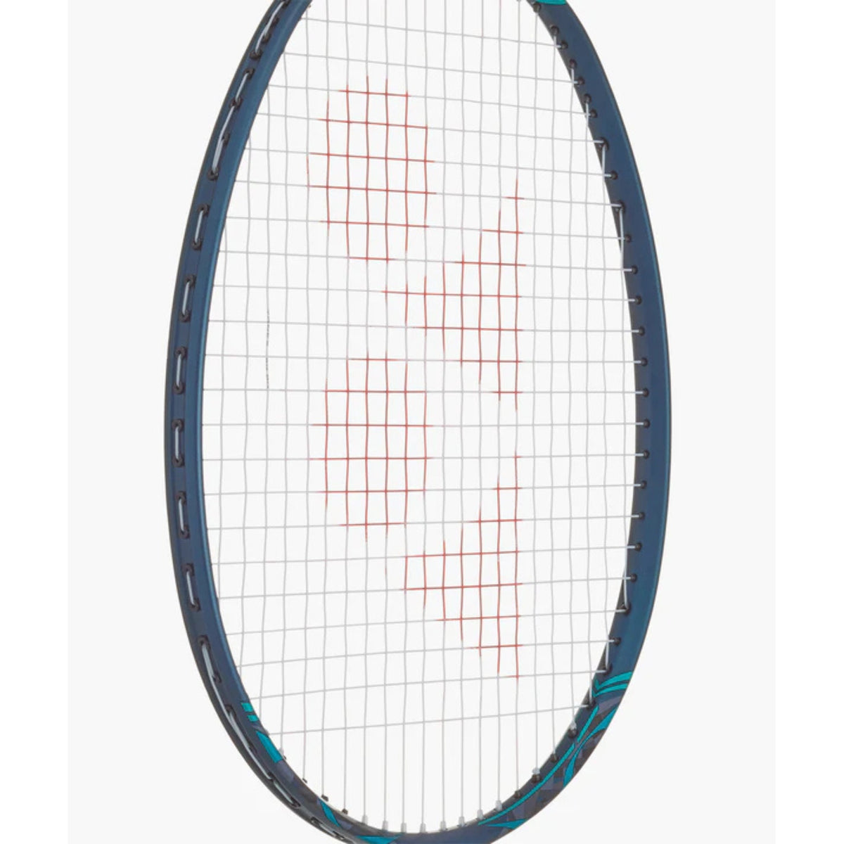 Badminton racket with a white strings pattern on a blue frame against a white background