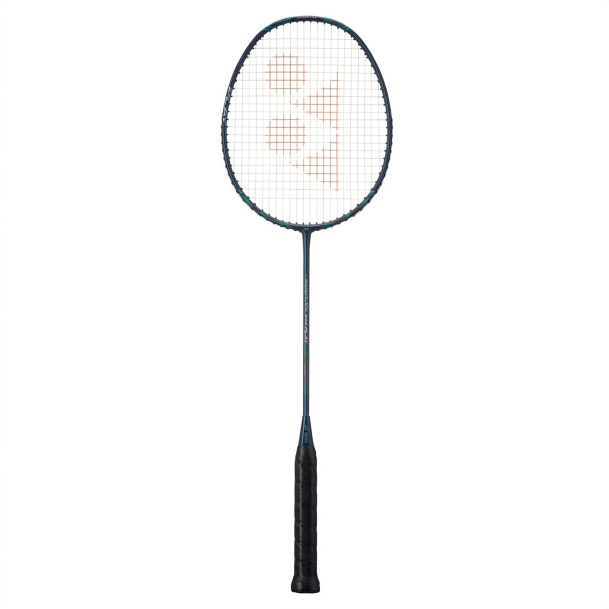 Black badminton racket on a white background