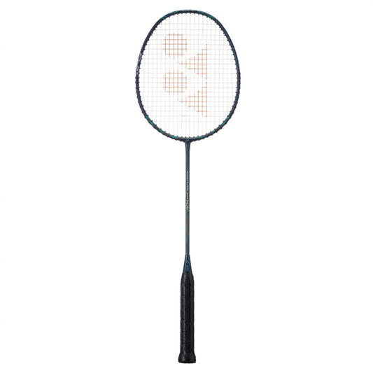 Black badminton racket on a white background