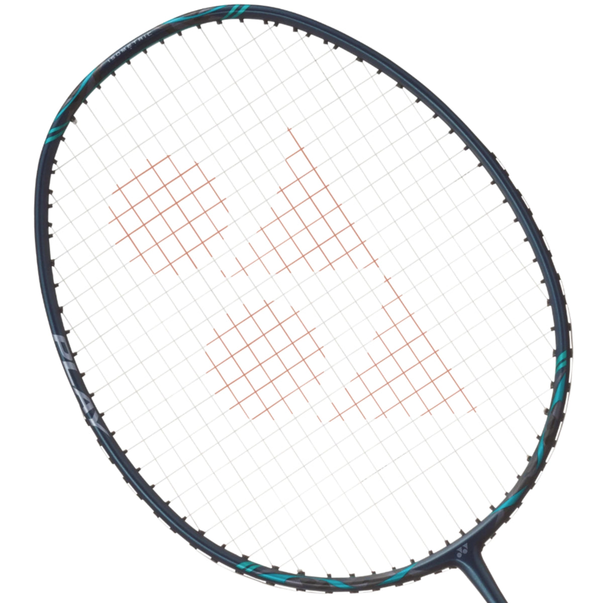 Close-up of a badminton racket with a white strings background