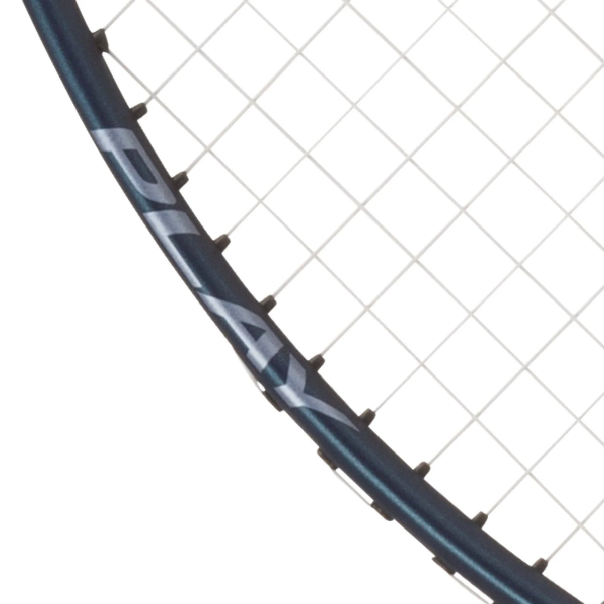 Close-up of a badminton racket with a grid background