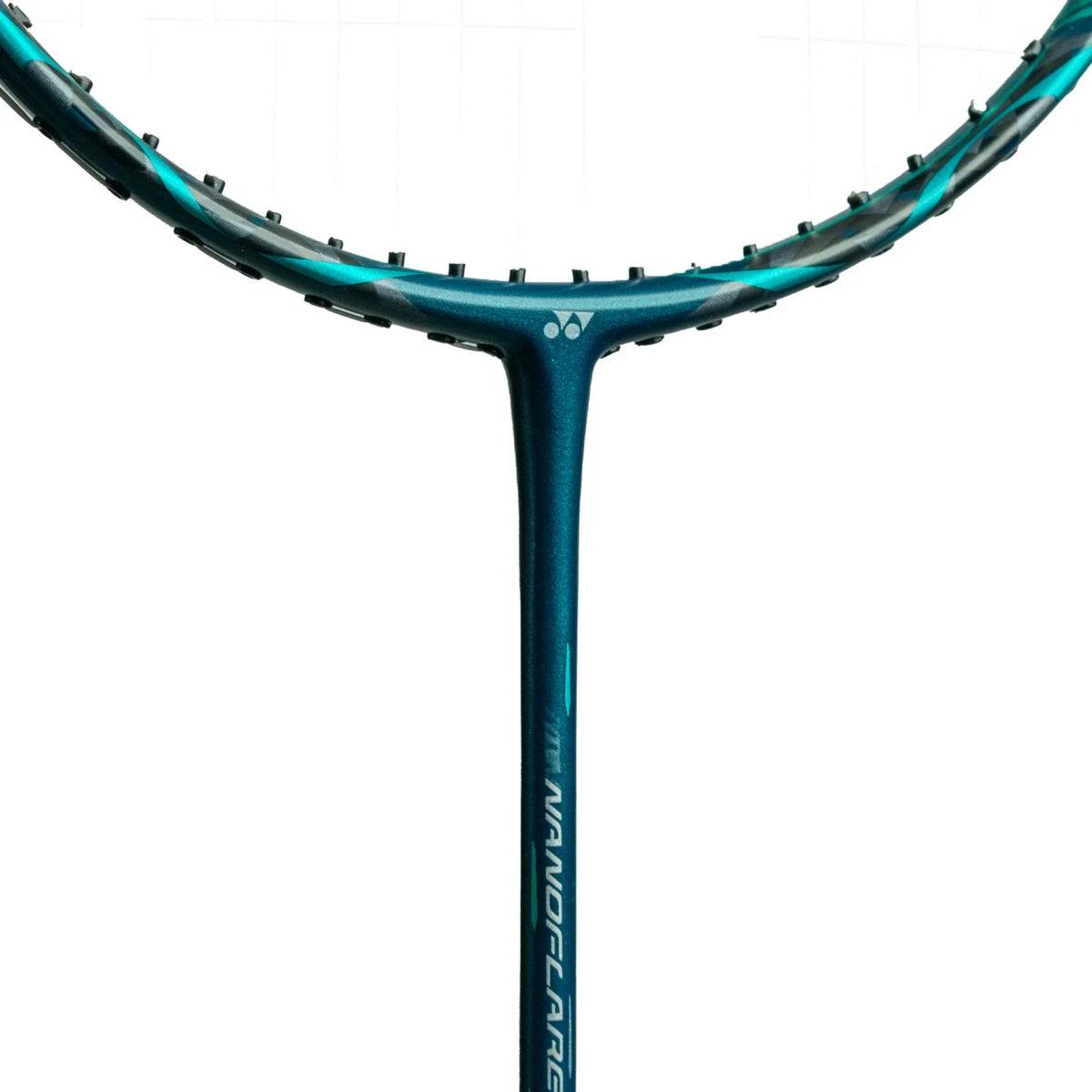 Close-up of a blue badminton racket on a white background