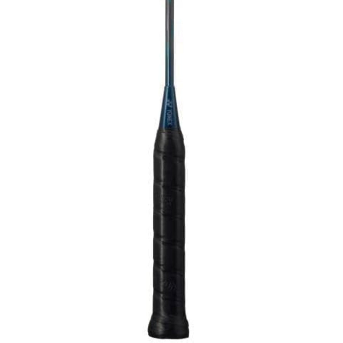 Black badminton racket with blue branding on a white background
