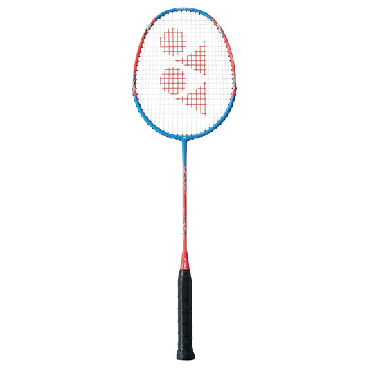 Badminton racket with red and blue design on a white background