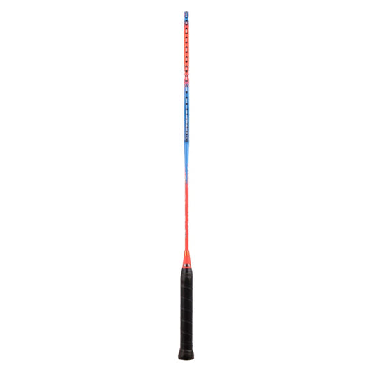 Badminton racket with red, blue, and black design on a white background