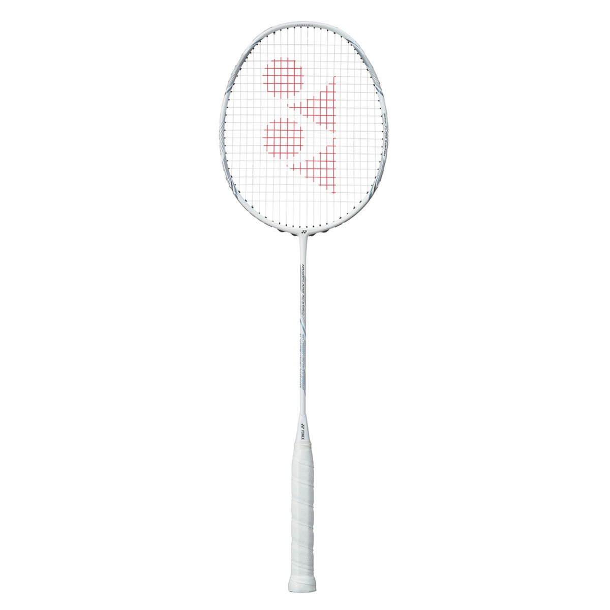 White badminton racket with red logo on a white background