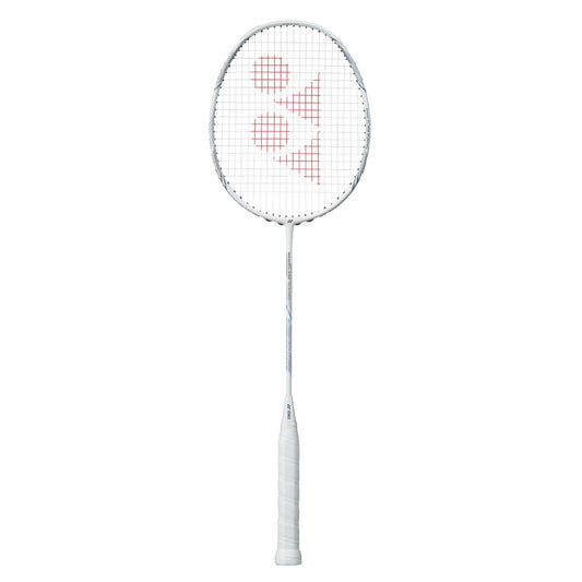 White badminton racket with red logo on a white background