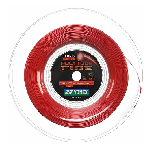 Yonex PolyTour Fire tennis string reel on a white background