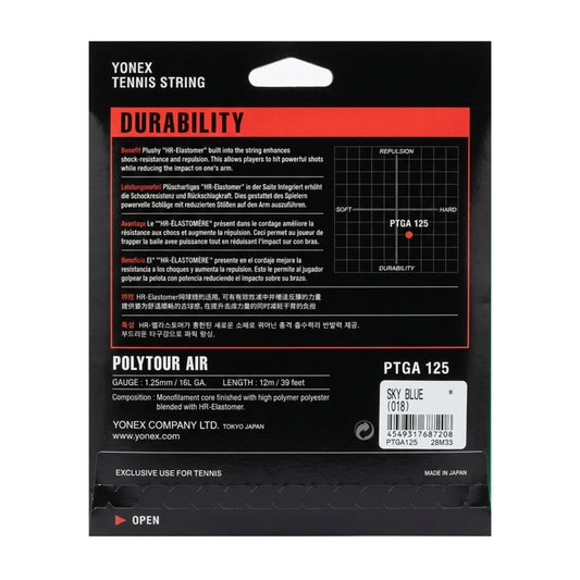 Yonex tennis string packaging with durability information on a black background