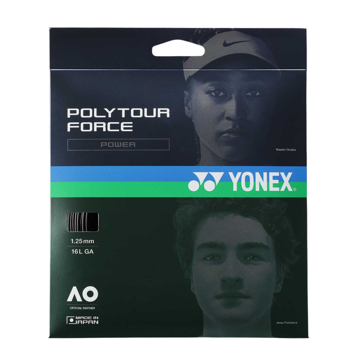 Yonex Polytour Force tennis string packaging with a player's face on a dark background