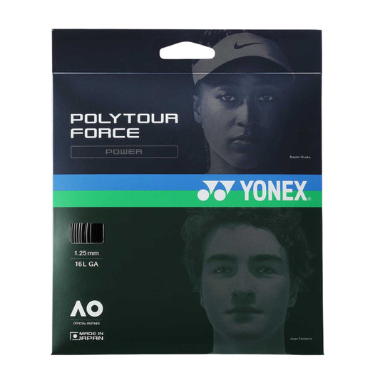 Yonex Polytour Force tennis string packaging with a player's face on a dark background