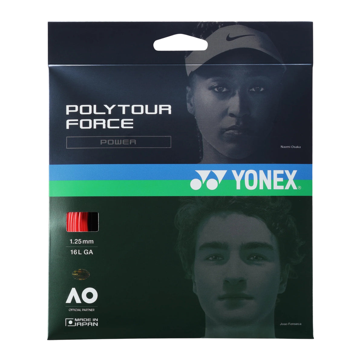 Yonex Polytour Force tennis string packaging with player images on a dark background