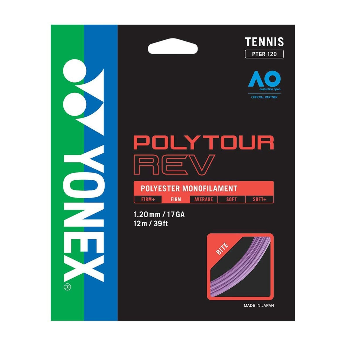 Yonex Polytour Rev tennis string package on a white background