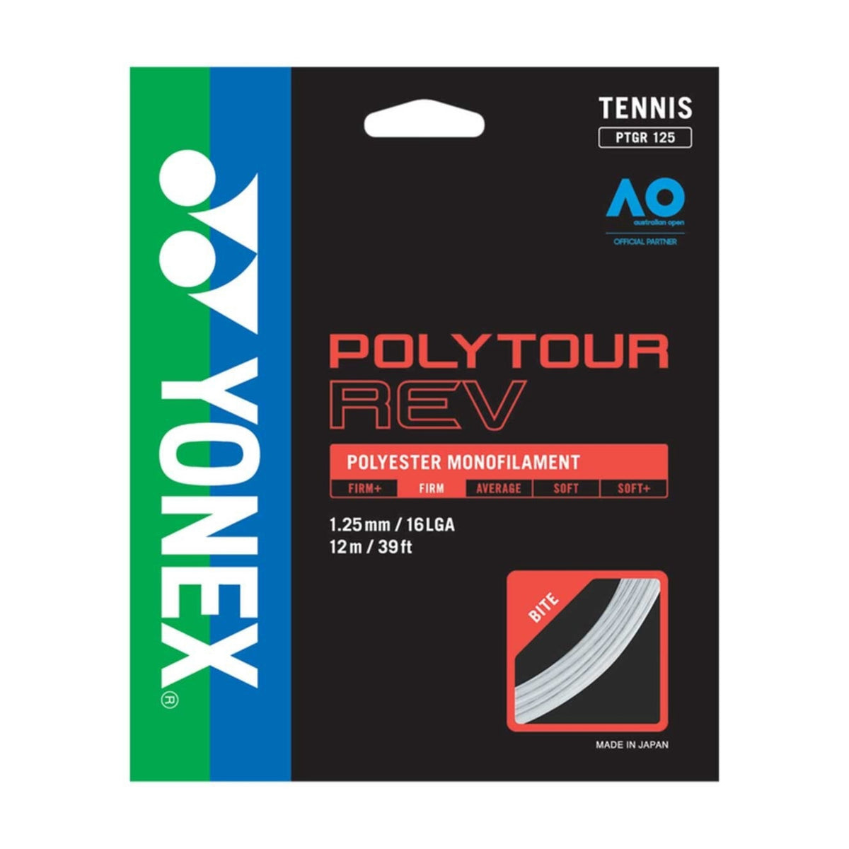 Yonex PolyTour Rev tennis string package on a white background