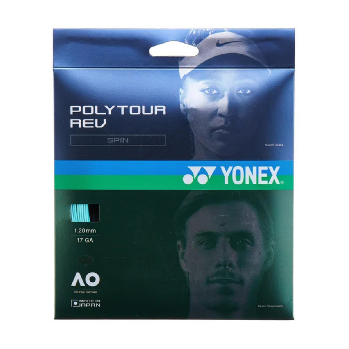 Yonex Polytour Rev tennis string package with faces on a blue background
