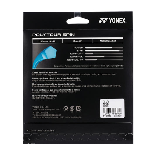 Yonex Polytour Spin tennis string packaging with product details on a black background