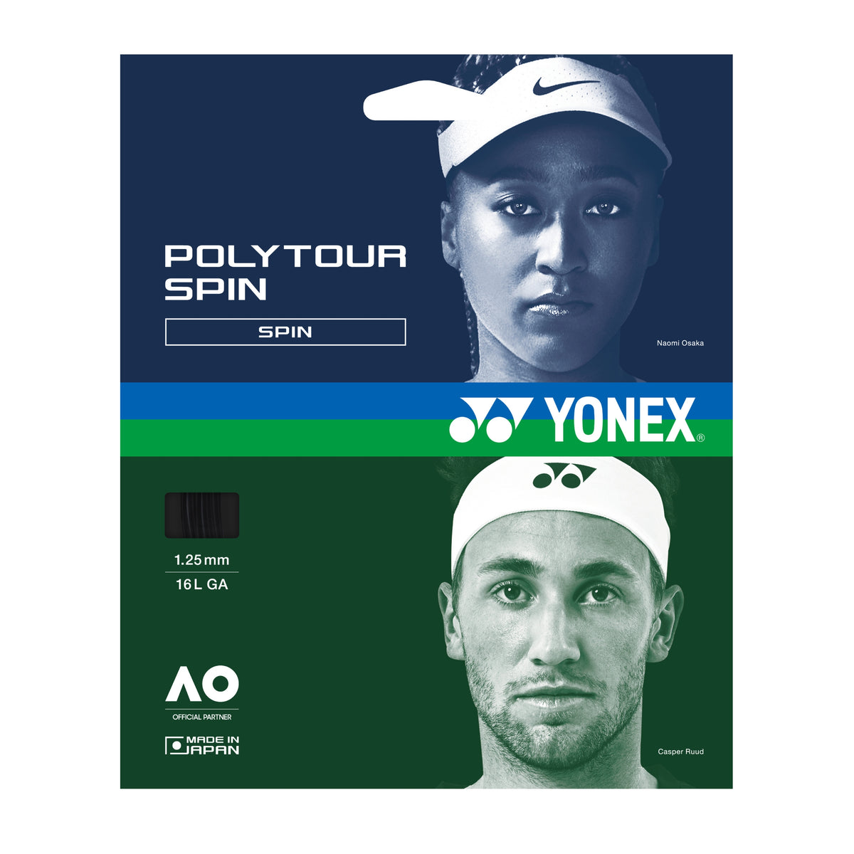 Yonex Polytour Spin tennis string packaging with images of a woman and a man on a blue and green background.