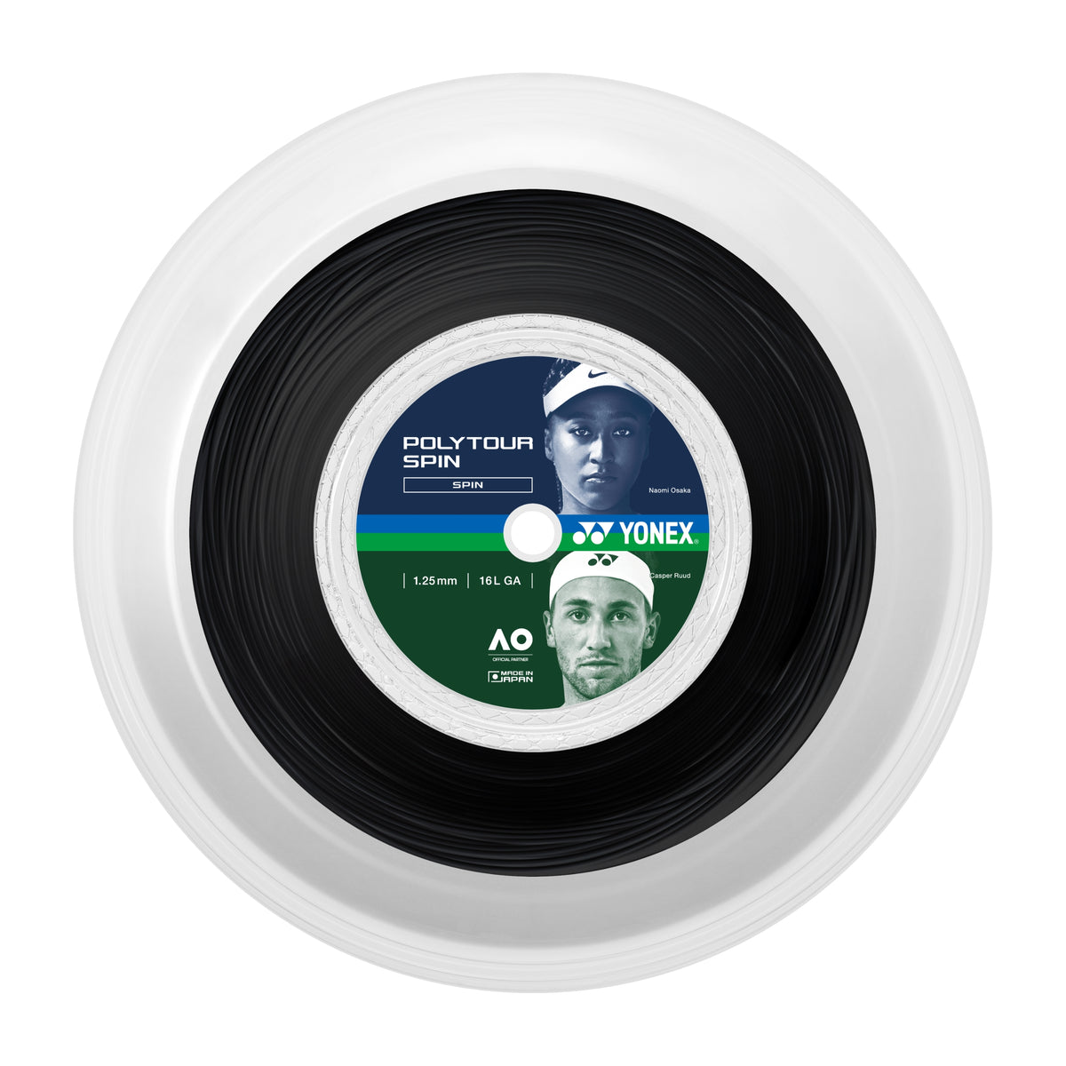 Yonex tennis string reel with branding and product details on a white background