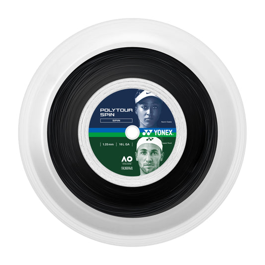 Yonex tennis string reel with branding and product details on a white background