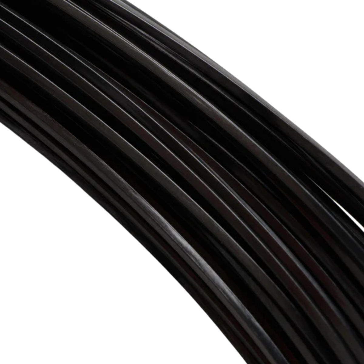 Close-up of a black Yonex tennis string with a reflective surface on a white background