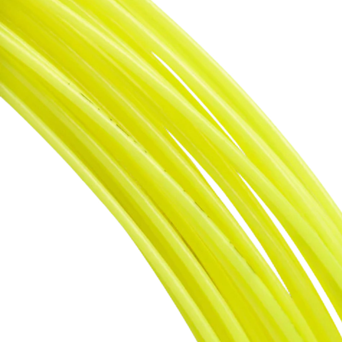 Close-up of yellow Yonex tennis string on a white background