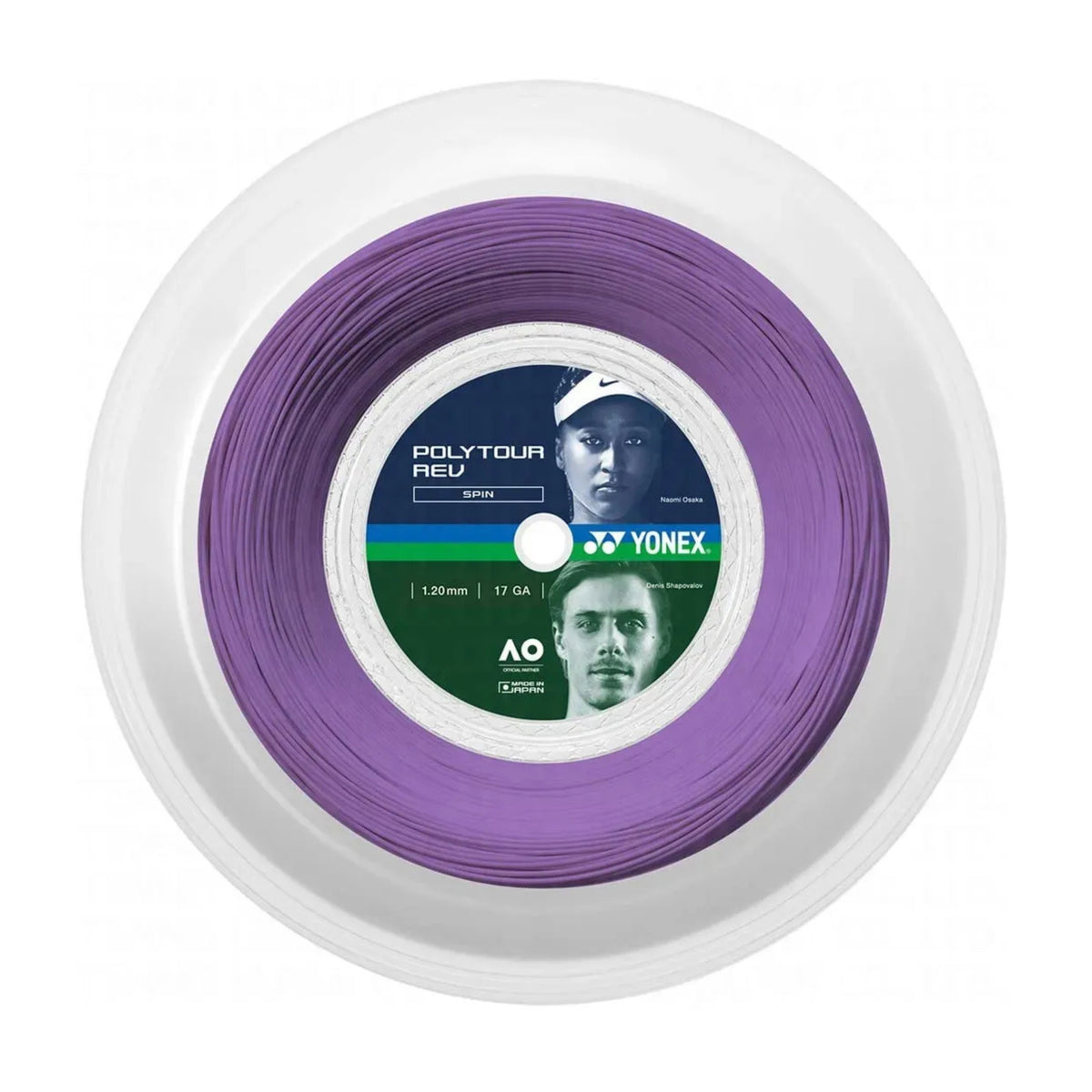Reel of Yonex tennis string with a white background