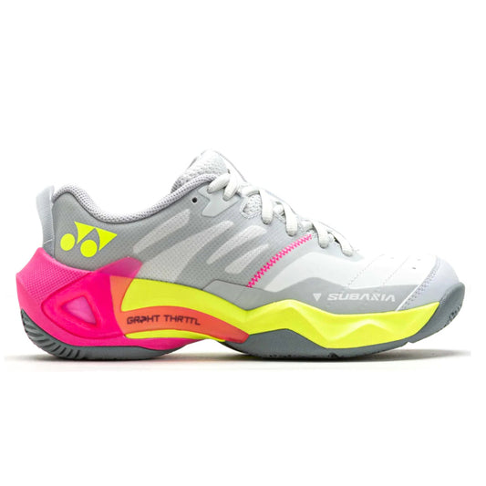 Gray and pink Yonex tennis shoe with yellow accents on a white background