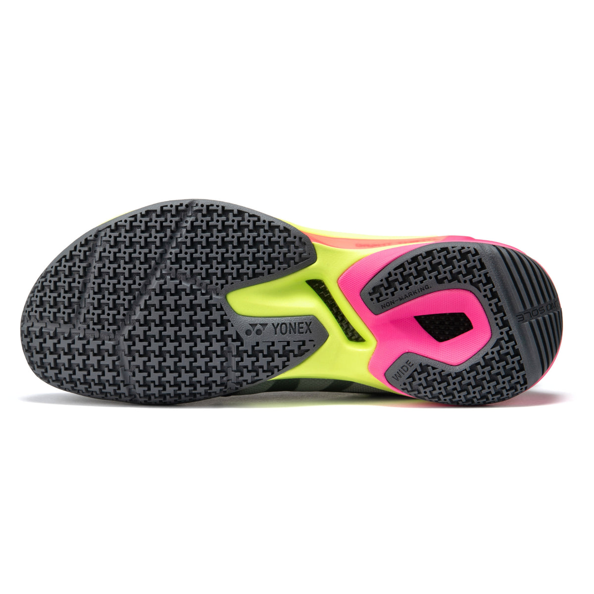 Yonex tennis shoe sole with black, yellow, and pink design on a white background