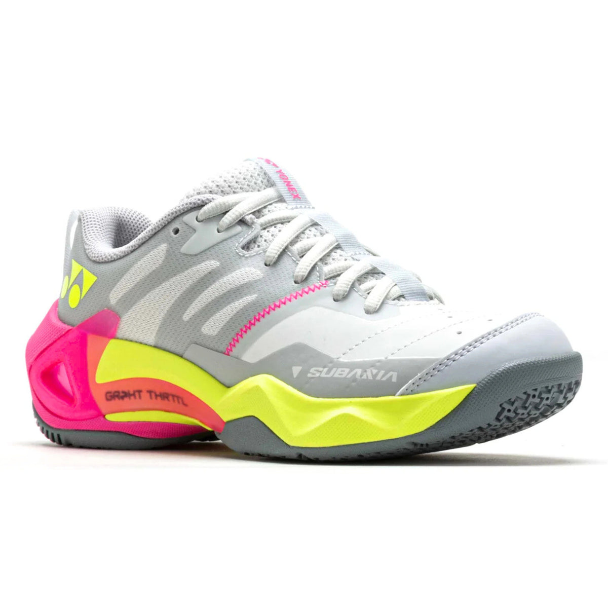 Gray Yonex tennis shoe with pink and yellow accents on a white background
