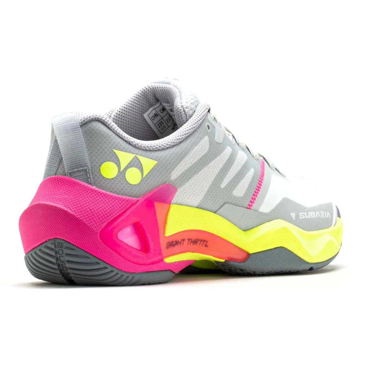 Gray Yonex tennis shoe with pink and yellow accents on a white background