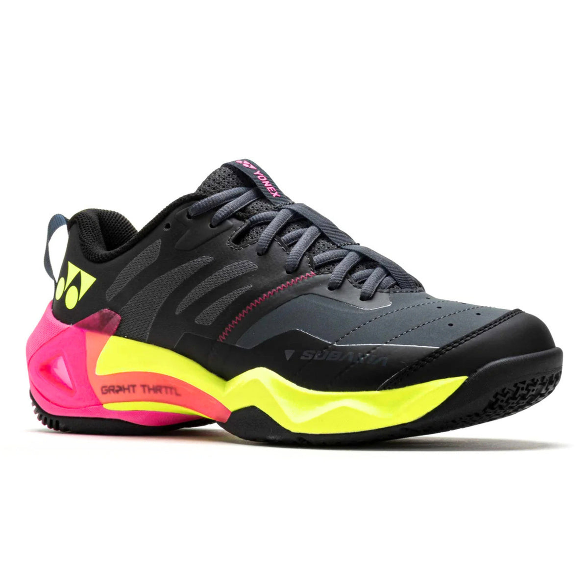 Black and neon yellow Yonex tennis shoe with pink accents on a white background