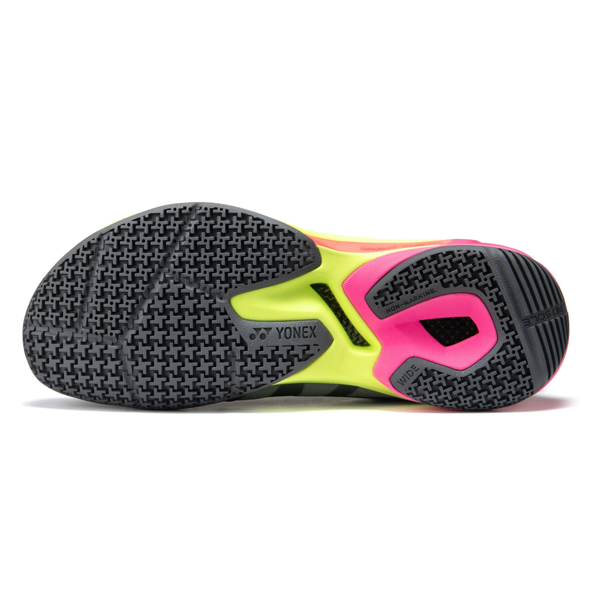 Close-up of a Yonex tennis shoe sole on a white background