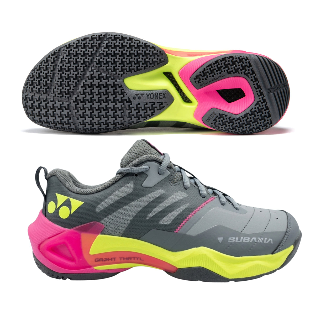 Gray Yonex tennis shoe with pink and yellow accents on a white background
