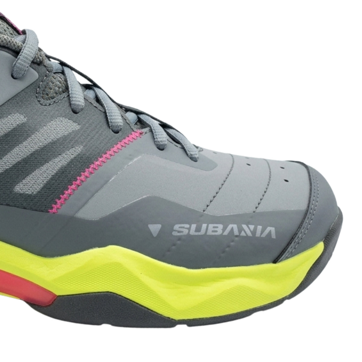 Gray Yonex tennis shoe with colorful sole on a white background