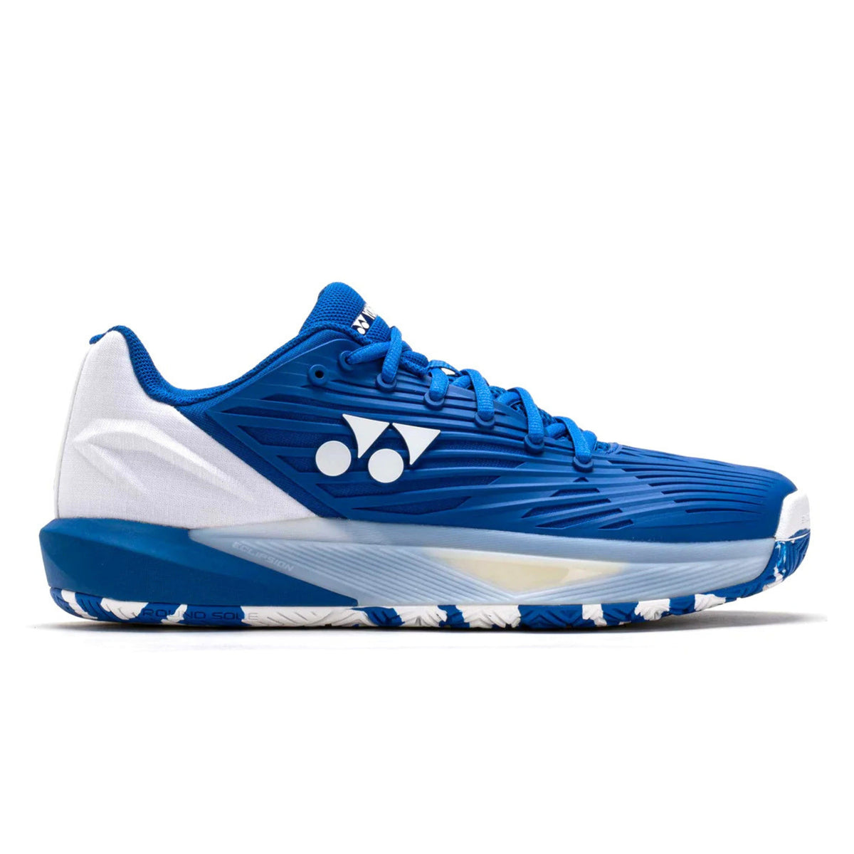 Blue and white tennis shoe with brand logo on a white background