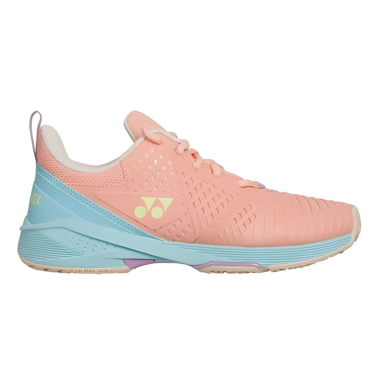 Pink and blue tennis shoe with Yonex logo on a white background