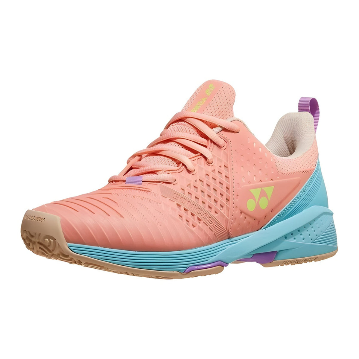 Pink and blue tennis shoe on a white background