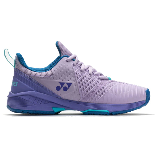 Purple and blue Yonex tennis shoe on a white background