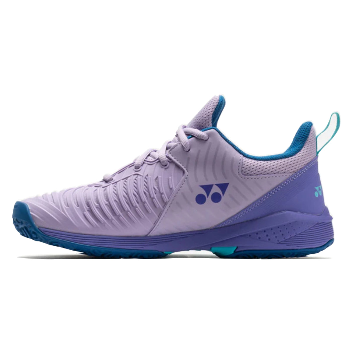 Purple and blue Yonex tennis shoe on a white background