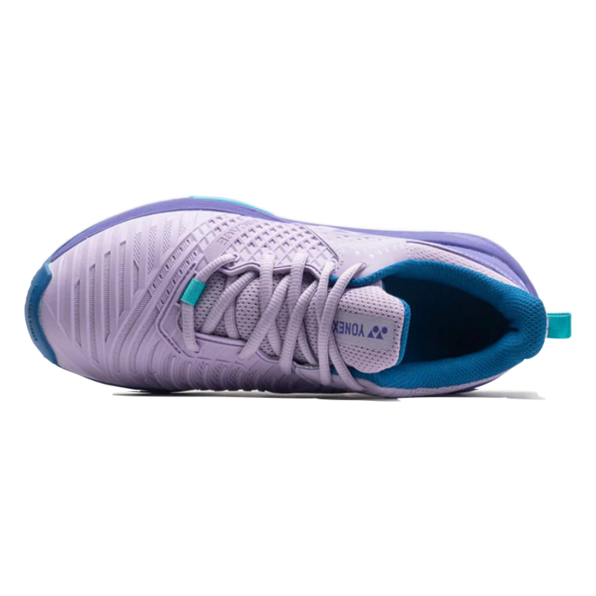 Purple and blue Yonex tennis shoe with brand logo on a white background