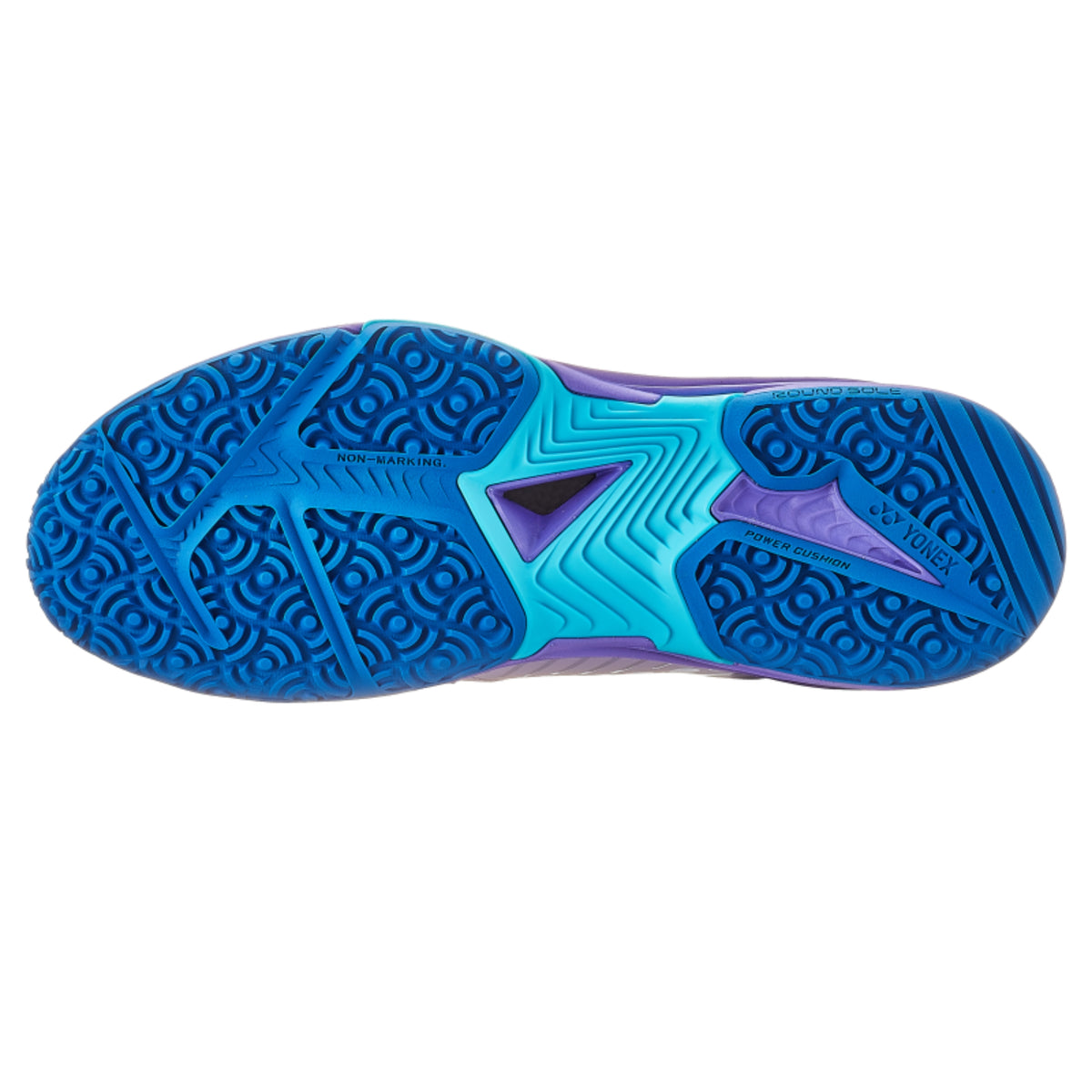 Blue and purple tennis shoe sole on a white background