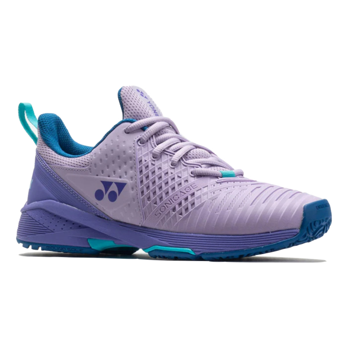 Purple Yonex tennis shoe with blue accents on a white background