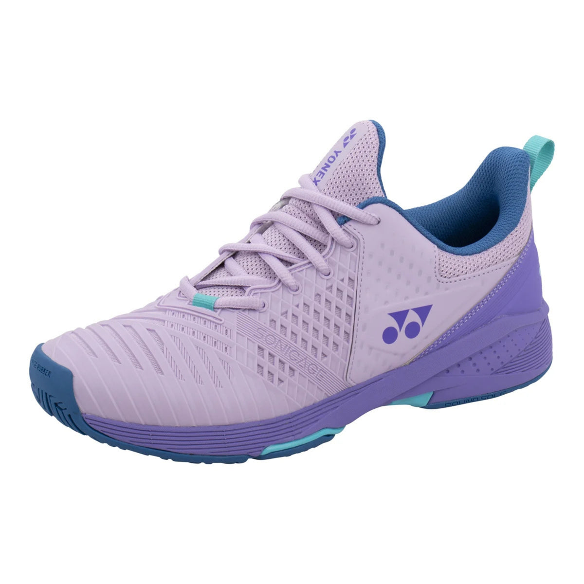 Purple and blue Yonex tennis shoe on a white background